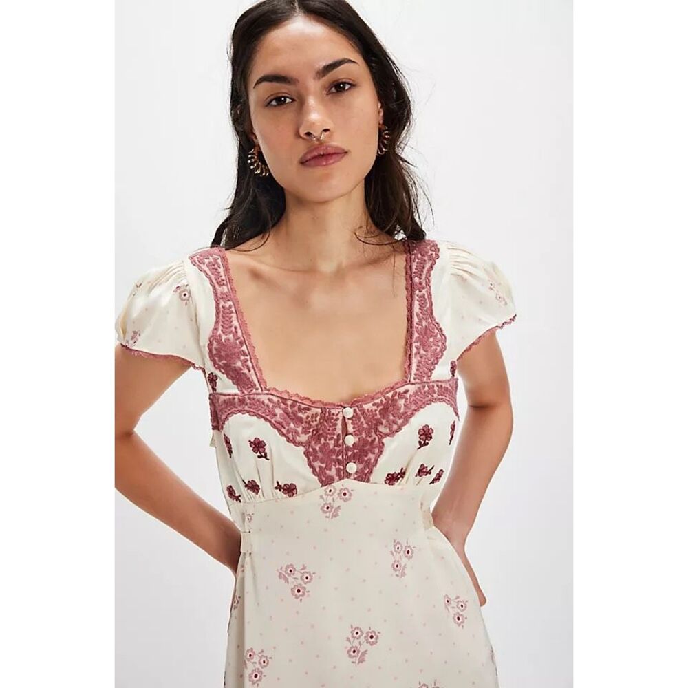Free People Haven Embroidered Lace Trim Satin Midi Dress - Picture 4 of 11